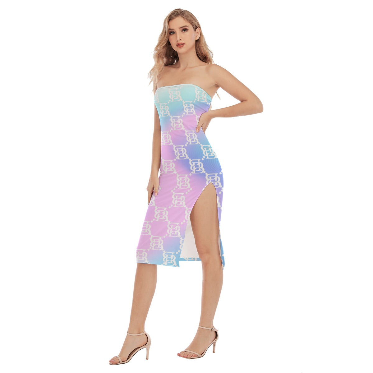 Vibrant BB Print Side Split Tube Top Dress